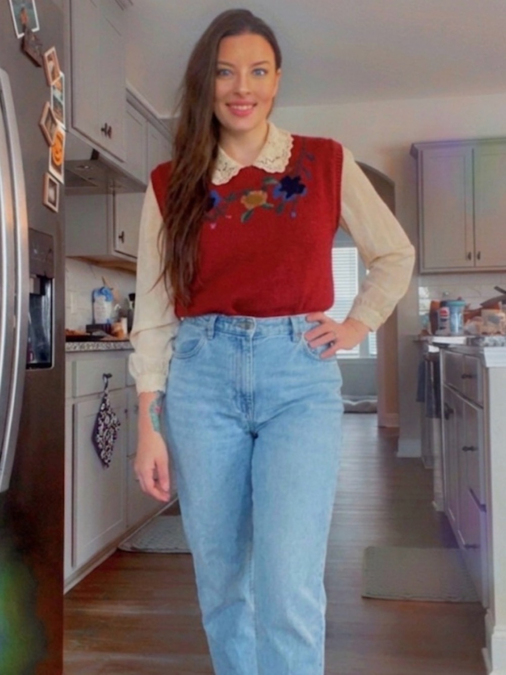 Vintage Nantucket USA Floral Embroidered Red Sweater Vest